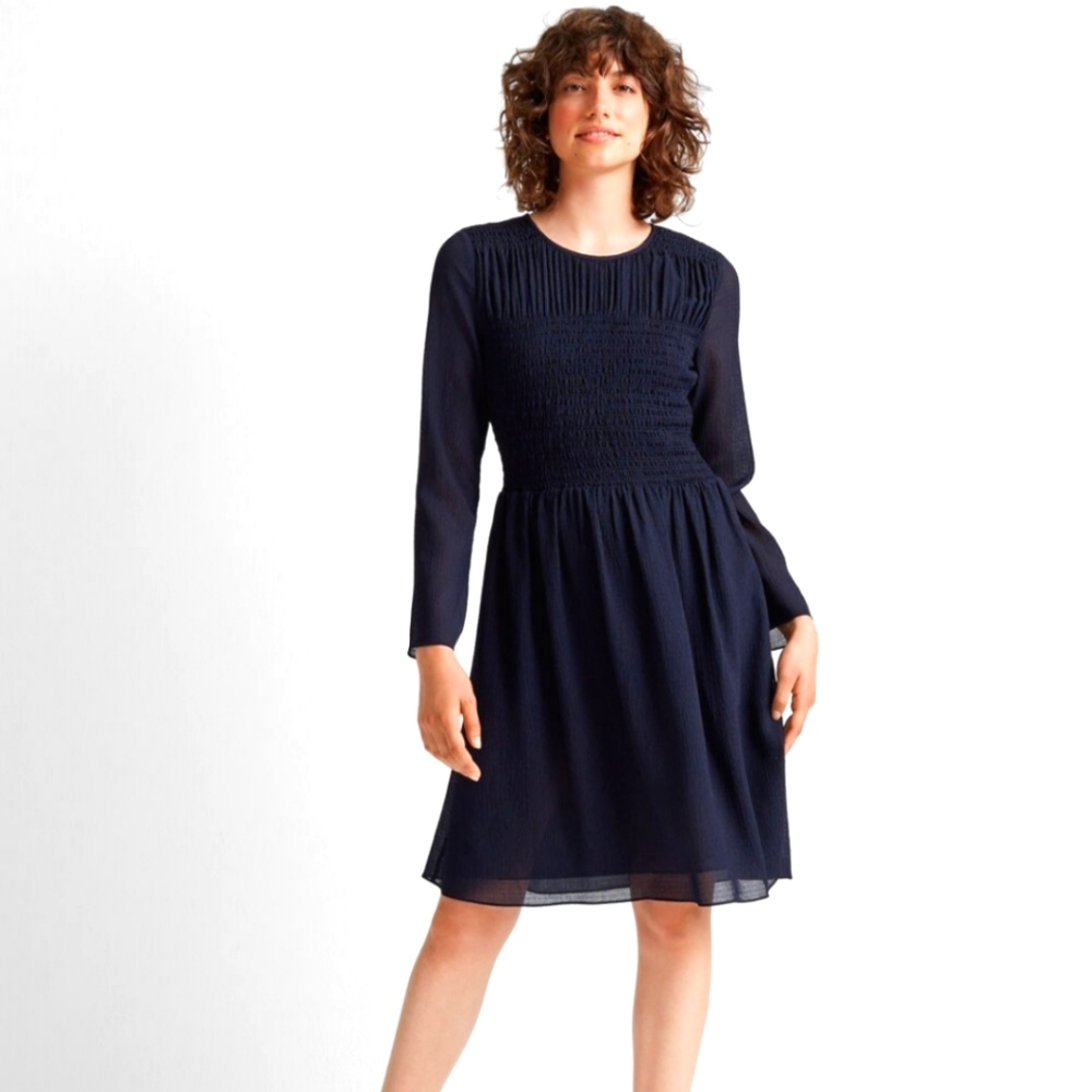 Club Monaco smocked long sleeve navy blue Effortless Garden Girl dress